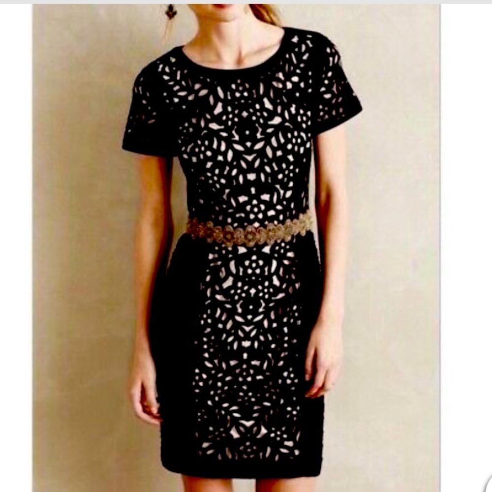 Anthropologie Maeve Black Floral Basalt Laser Cut Eyelet Cutout Dress Size 4